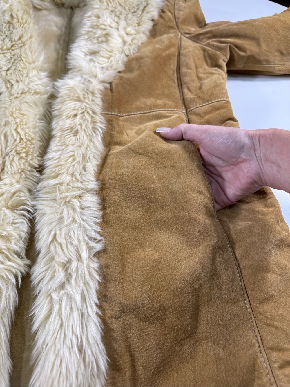 Penny Lane Brown Suede Shearling Coat with Cream Fur Trim - Picture 13 of 14
